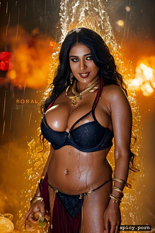 wet saree, perfect boobs, hourglass structure, wet in rain, wide curvy hip