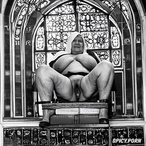ninety years, spreading legs, stained glass windows, extremly obese