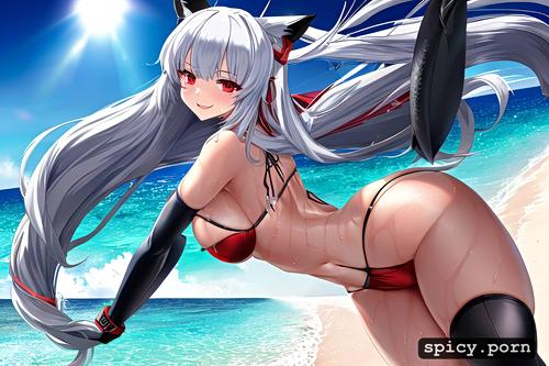good anatomy, ass held into the camera, wet skin, silver hair