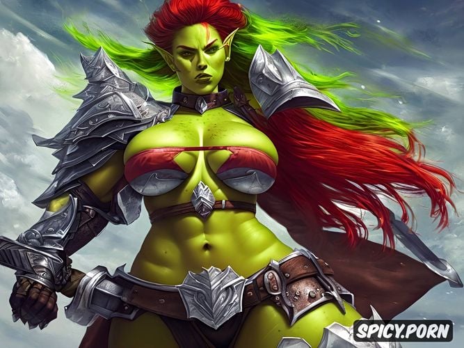 muscled, green skin milf, oiled, 25 years old, pov, armor, masive boobs