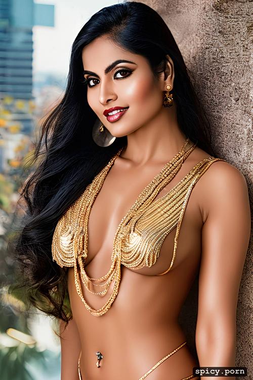 black hair, curvy hip, perfect boobs, gold jewellery, half saree