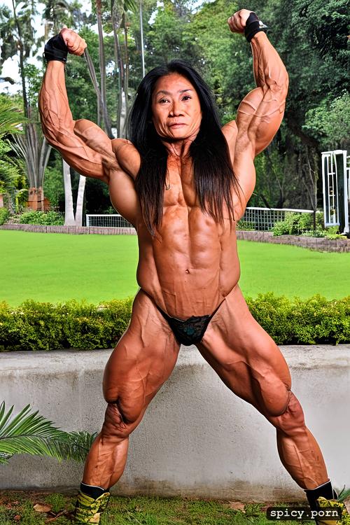 visible from head to toes, muscular legs, outdoor, face, thai granny midget bodybuilder