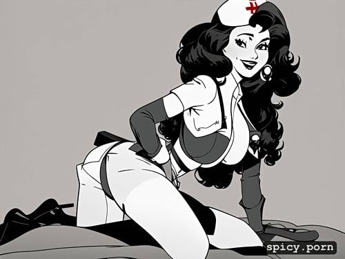 1940s cartoon style, pin up drawing, small cute boobs, pinup propaganda poster art of a seductive soviet nurse