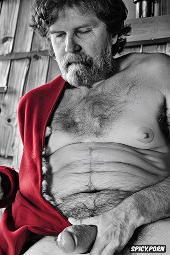 penis, white beard, hairy chest, cozy, table with a plate of cookies
