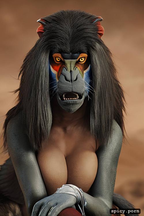 woman body with head of a mandrill, big feet, sleeve gloves