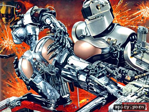 big boobs, robotic arms, metal, android, iron, blue eyes, detail