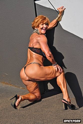 muscle, short hair redhead, tanned, beautiful german gilf, thong