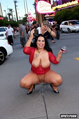 color photo, squatting and pissing on sidewalk, bachelorette party