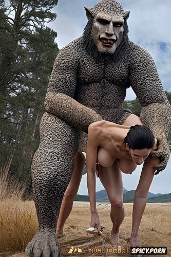 male sasquatch positioned to enter woman from behind, facial seizure from extreme pleasure