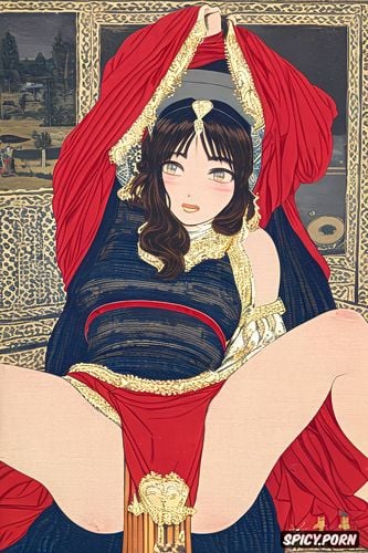 japanese woodblock print, wearing red tunic, brown hair, transluscent veil