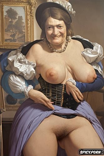 venous tits, the very old fat grandmother has nude pussy under her skirt
