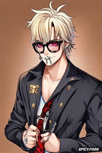 round glasses, blue eye, black and blond hair, devil horn, cross piercing