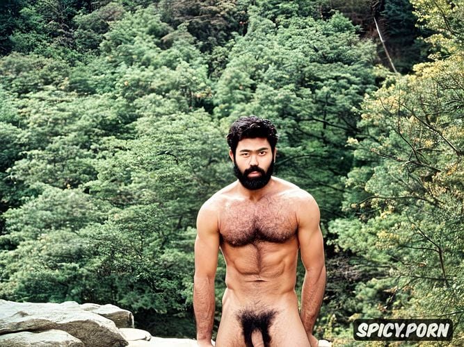 gay male jomon features hairy onsen intricate hair and beard