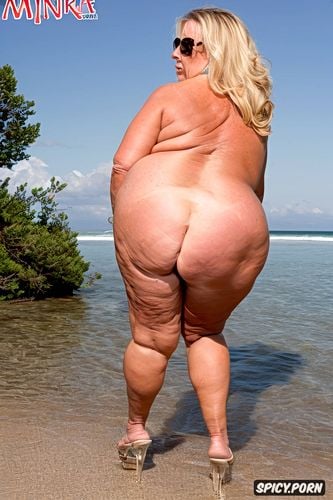 beach, sunglasses, very wide hips, blonde gilf, tanned, nude pregnant pissing massive ass