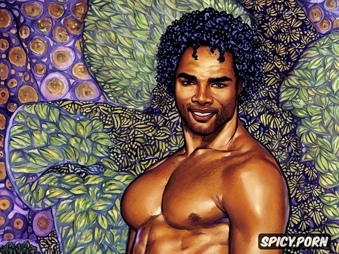 nude with xxl dick, very handsome black man in the jungle, in the style of gustav klimt