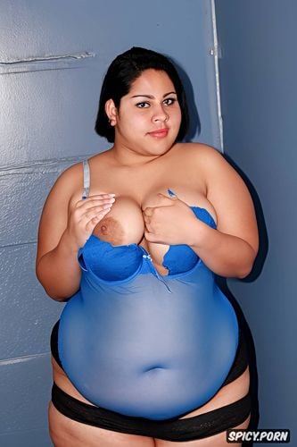 ssbbw hispanic woman in a blue bodysuit, very short hair, standing up