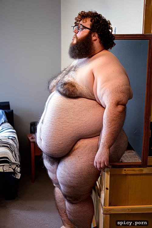 super obese chubby man, short buss cut hair, cute round face with beard and glasses