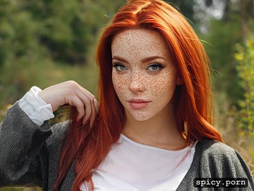 18 years old red hair teen swallow cum, freckles, forest, lake