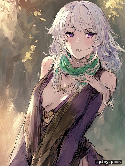 3dt, pretty naked female, style anime, highres, light green scarf