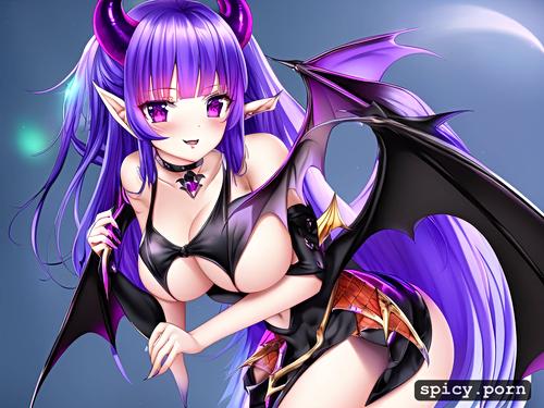 natural boobs, purple hair, mini skirt, black demonic tail, 18 yo