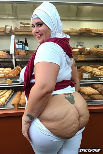 red apron, huge saggy tits, light skin, huge ass, white yoga pants