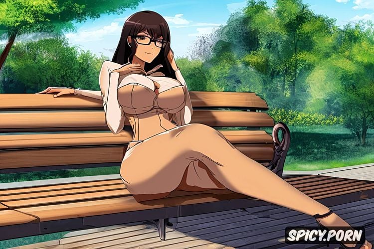 large breasts, sitting on a bench, erotic librarian, stunning face