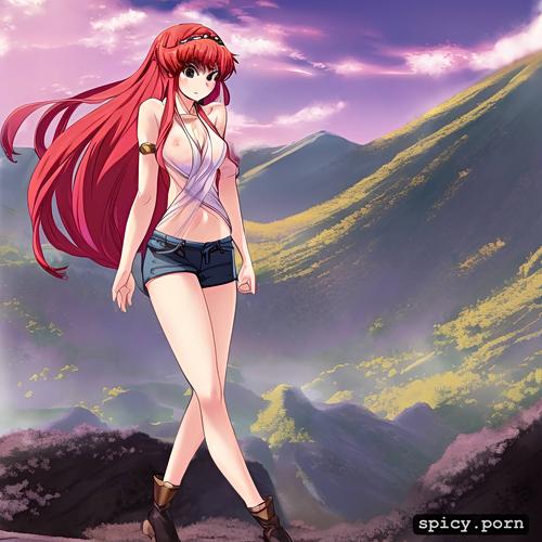 see through clothes, elf, short shorts, volcanic background