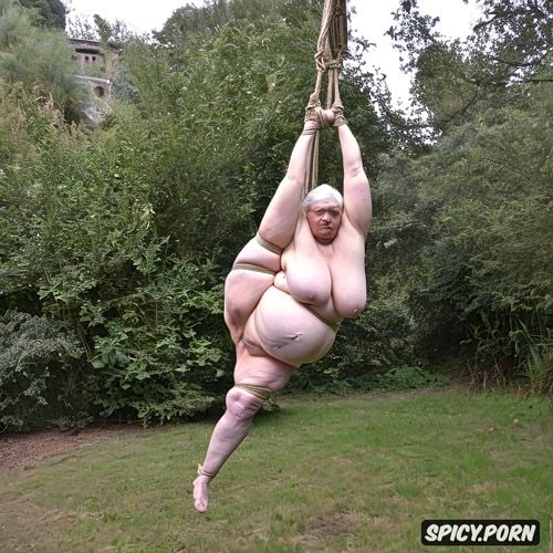 nude, bdsm, white hair, wide pussy, bound, obese fat, legs forced apart