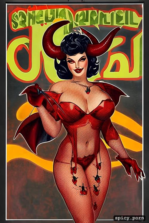 cappiello poster, devil costume, elrgren style woman, detailed face