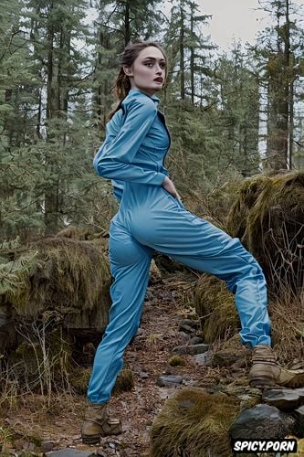 ella purnell as lucy maclean, black hair, wearing a vault tec jumpsuit