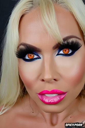 pink lipstick, orange tan, pov, eye contact, false eyelashes