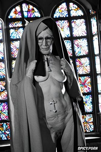 church, shaved pussy, jesus, ribs showing, nun, loose flat tits