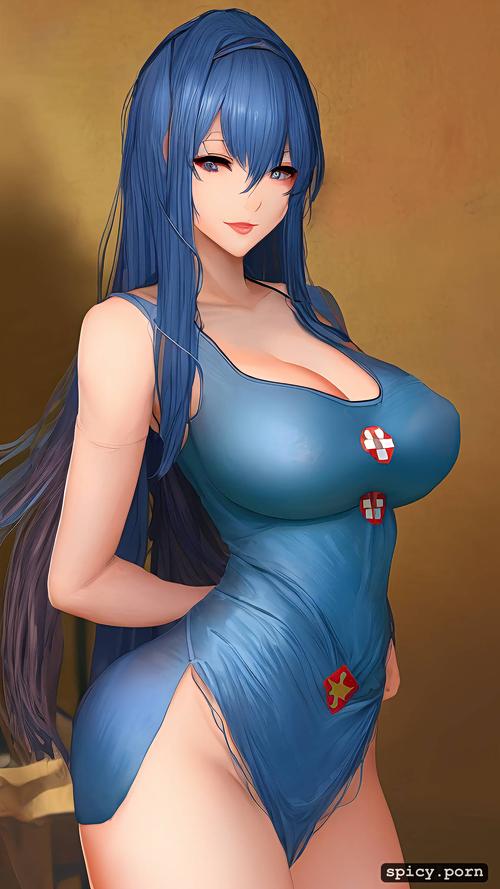 pretty chinese female, blue intricate hair, realistic, ahegao face