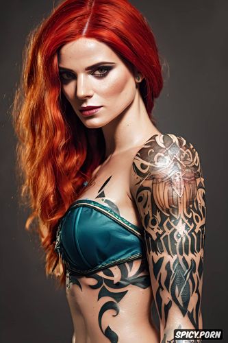 masterpiece, k shot on canon dslr, ultra detailed, triss merigold the witcher beautiful face tattoos full body shot