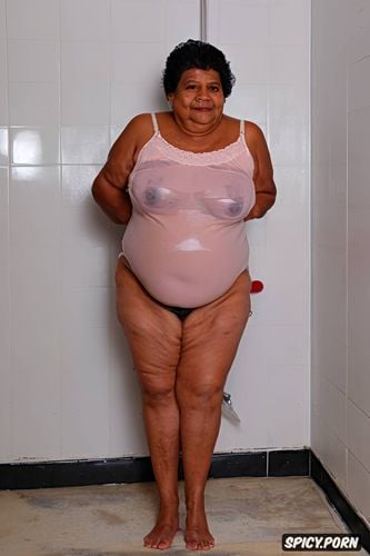 she smile, thick, a photo of a short ssbbw mexican granny standing up in the badroom