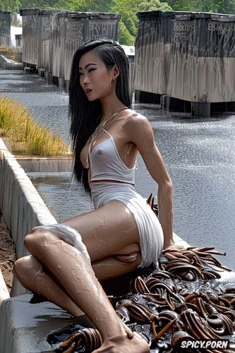 cum, young asian transgender babe playing in the dumpster filth masturbating