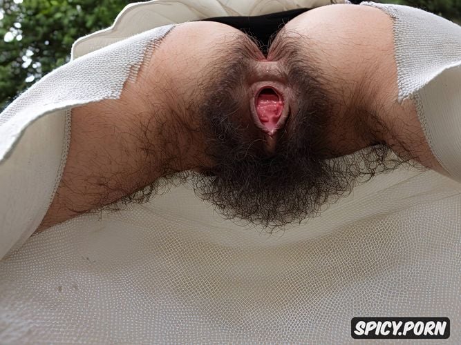 large pussy lips huge labia extreme hirsutism upskirt view from below looking up into very hairy pussy
