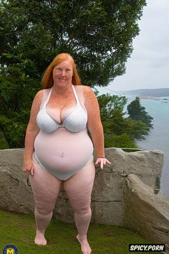 looking at camera, fupa, ginger hair, freckles, tan lines, colossal boobs