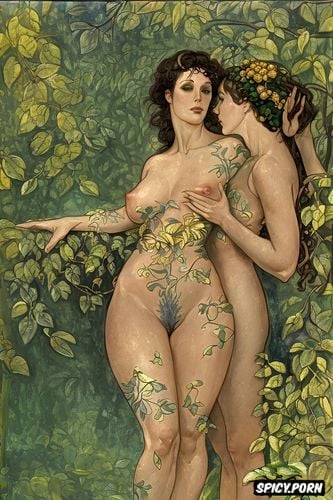 klimt, golden, art deco, women in leafy summer forest with fingertip nipple touching breasts green leaves and vines intimate tender lips mucha