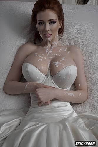 highres, covered in cum, busty natural caucasian 20 years old wearing wedding dress with cum on face and boobs