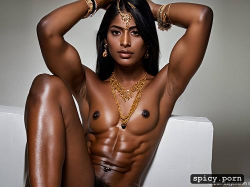 black hair, muscle, veins, indian woman, brown skin, shaved legs