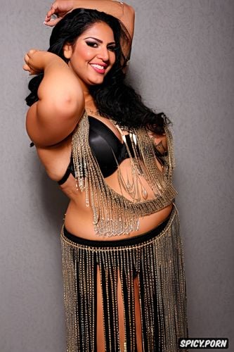 gorgeous voluptuous belly dancer, huge natural boobs, smiling