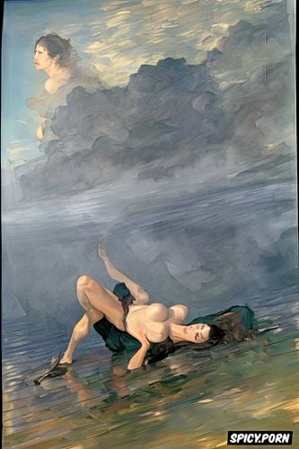 eyes closed, grabbing neck, grabing belly, manet, spreading legs