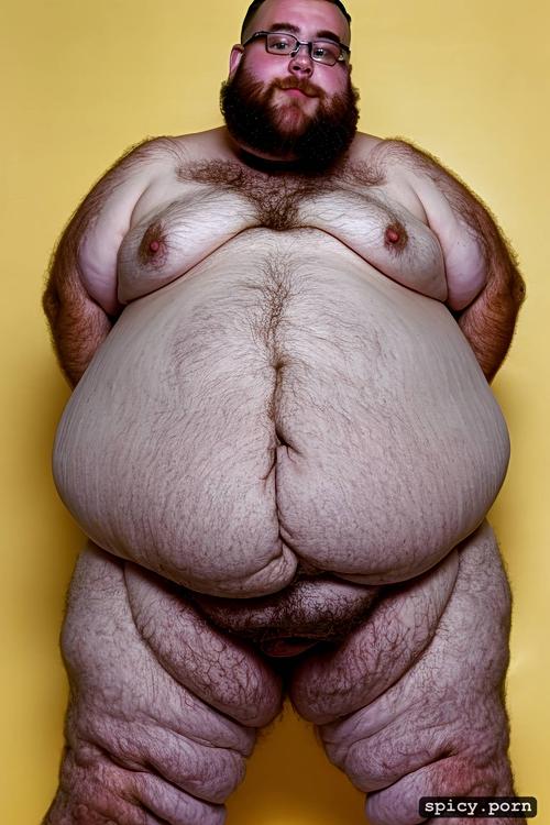 whole body, realistic very hairy big belly, irish man, cute round face with beard and glasses