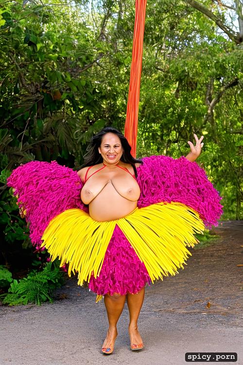 63 yo beautiful hawaiian hula dancer, color portrait, intricate beautiful hula dancing costume
