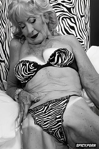 sexy senior american granny, seventy nine of age fit body tan lines blonde hair laying in bed spreading legs wide one leg up high in air splits spreading pussy lips in bedroom silk sheets on bed looking at viewer she is wearing zebra print lingerie her pussy is very wet