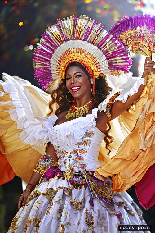 intricate beautiful dancing costume, 68 yo beautiful white caribbean carnival dancer