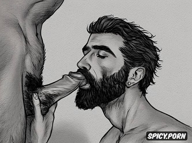 sketch of a naked penis sucking bearded hairy man, intricate hair and beard