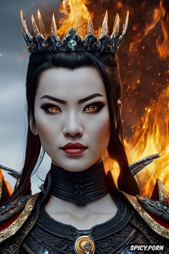 artstation, flame crown, face shot, black hair in an intricate updo