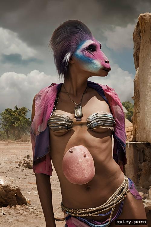 mandrill face woman, portrait, pink pastel blue nose, natural tits